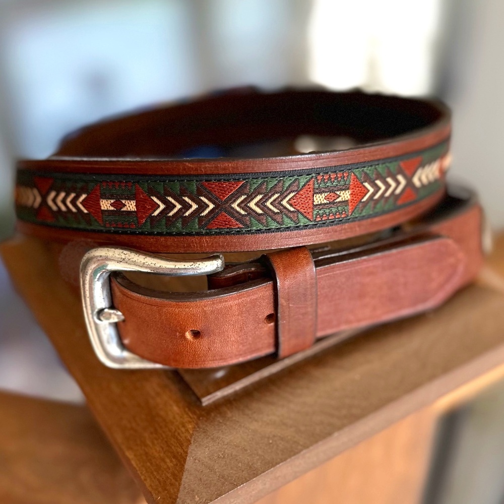 Brighton Brown Leather Belt with Red and Green Southwestern Inlay